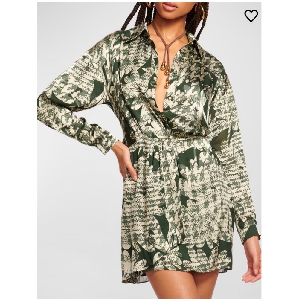 Ramy Brook Palmer Dress Women Medium Green Abstract Leaf Satin Mini Glam Resort